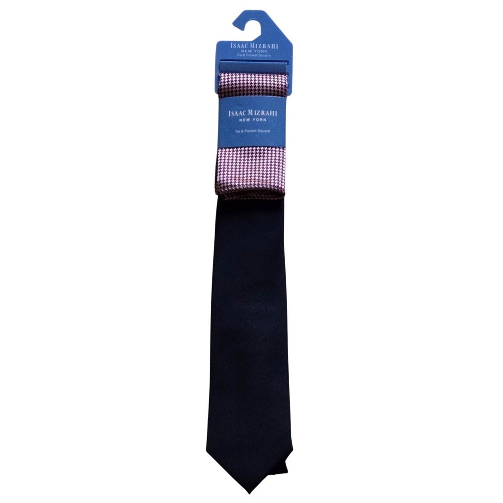Isaac Mizrahi_ Navy Blue Tie With Pink & Blue Houndstooth Pocket Square Set
